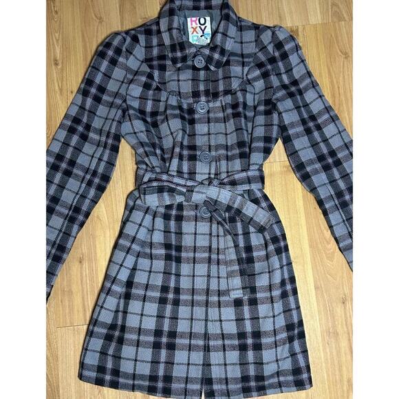 ROXY Jackets & Blazers - Y2K Vintage Roxy Plaid Pea coat Pink Black Women’s Lg 90s Dress Coat